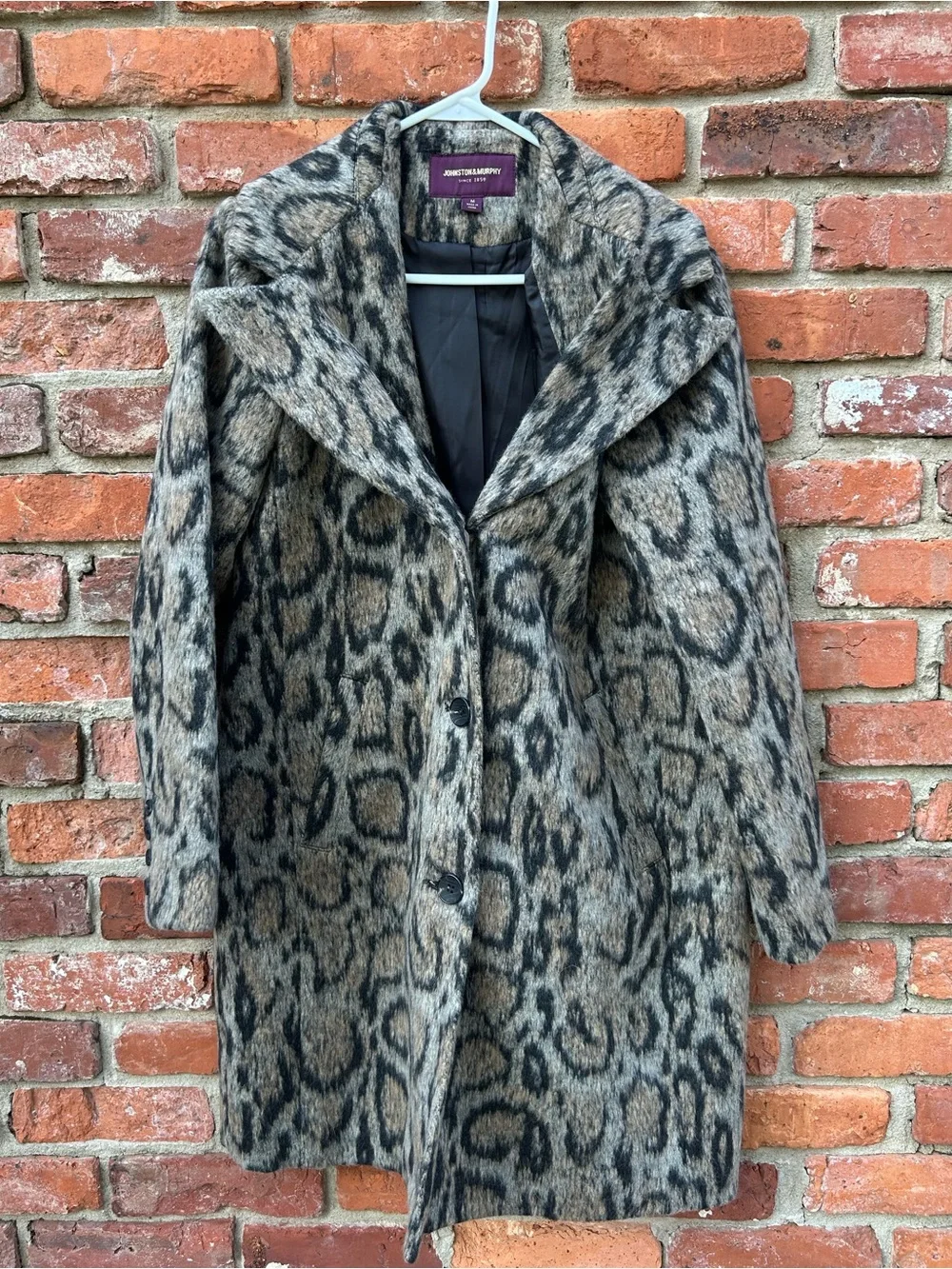 Johnston & Murphy NEW Animal Print Pea Coat Taupe/Black Lined Long Length M